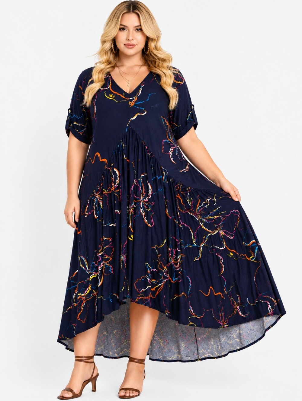 Avenue Navy Blue Abstract Print High-Low Maxi Dress Plus Size 22/24